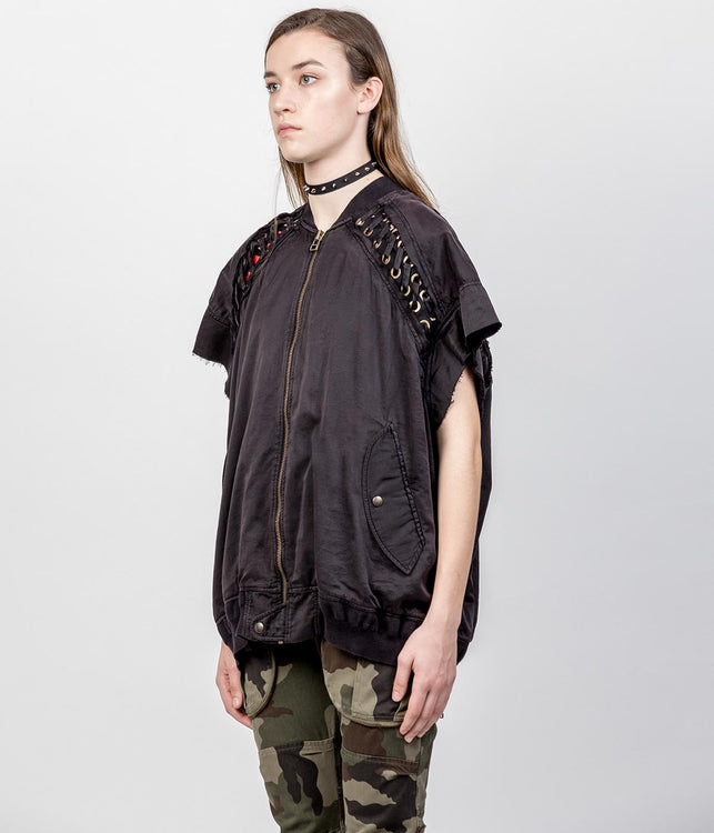 Black Short Sleeve Lace-Up Bomber Jacket