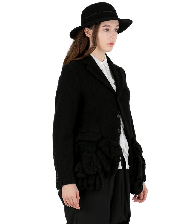 Black Ruffled Front Wool Jacket