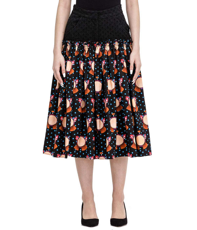 Black Graphic Printed Denim Skirt