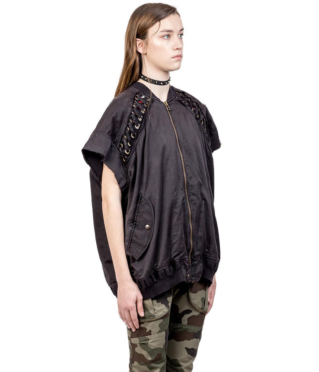 Black Short Sleeve Lace-Up Bomber Jacket