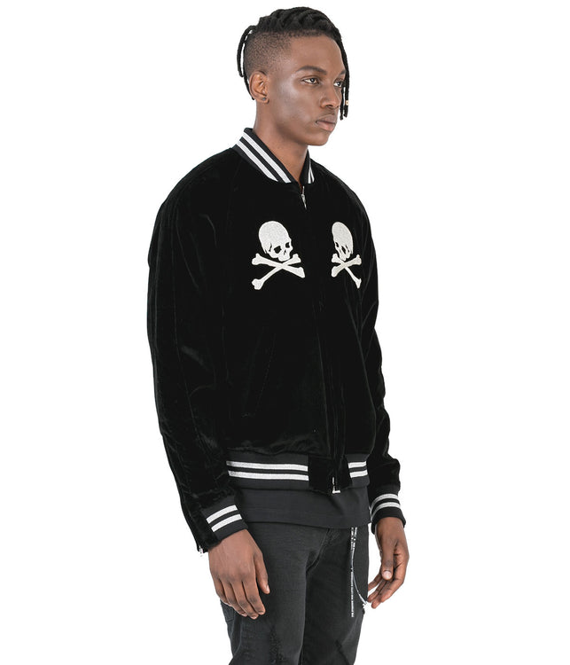 Black Silk Velvet Varsity Jacket